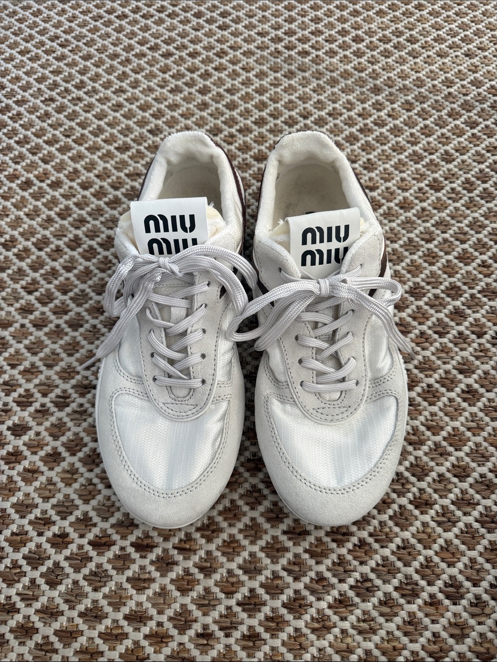 Miu Miu White and Burgundy/Brown Striped Sneakers